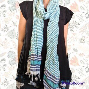 H&M Y2k Cotton Striped Fringe Scarf Teal White Navy
